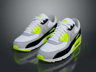 White Gray Black Neon Yellow Athletic Sneakers With Air Cushion Design For Casual Sports Wear 3d model