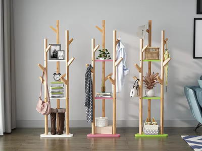 Wooden Tree Shaped Multifunctional Clothes Hanger with Hanging Clothes Bags Plants and Decorations in Modern Home 3d model