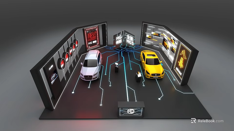 Modern Car Exhibition Booth Featuring White And Yellow Cars With Display Screens And Circuit Lines 3d model 