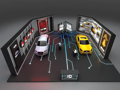 Modern Car Exhibition Booth Featuring White And Yellow Cars With Display Screens And Circuit Lines 3d model