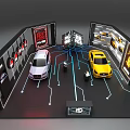 Modern Car Exhibition Booth Featuring White And Yellow Cars With Display Screens And Circuit Lines