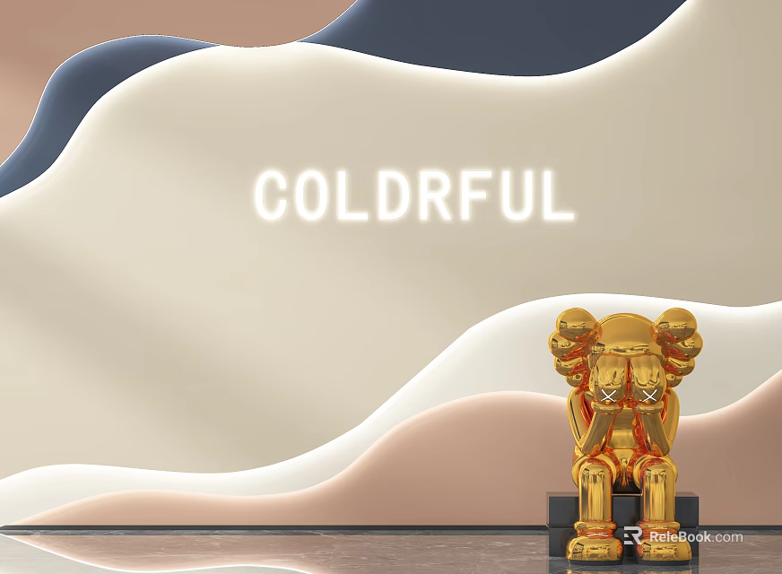 Modern Wavy Design Background Wall With Soft Beige Blue Pink Tones And Golden Sculpture 3d model 