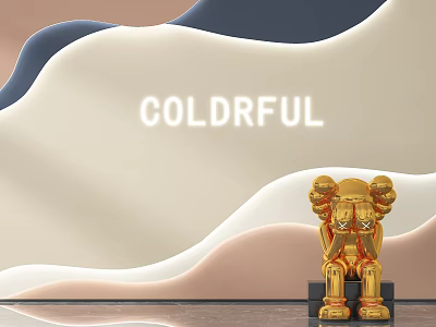 Modern Wavy Design Background Wall With Soft Beige Blue Pink Tones And Golden Sculpture 3d model