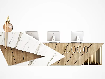 Modern Reception Desk with Marble Countertop and Wooden Design Three Monitors and Logo 3d model
