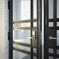 Black Metal Frame Double Doors With Clear Glass Panels Against White Brick Wall