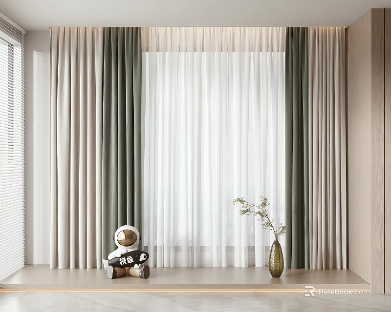 Elegant Green And Beige Curtains With White Sheer Layer Window Sill Bear Doll Vase 3d model 