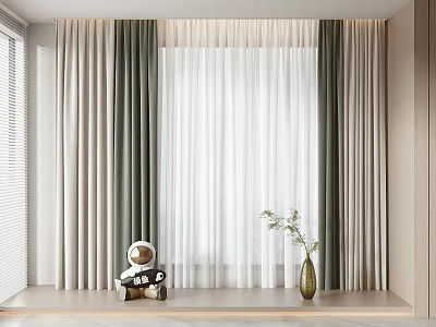 Elegant Green And Beige Curtains With White Sheer Layer Window Sill Bear Doll Vase 3d model
