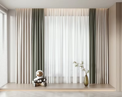 Elegant Green And Beige Curtains With White Sheer Layer Window Sill Bear Doll Vase 3d model
