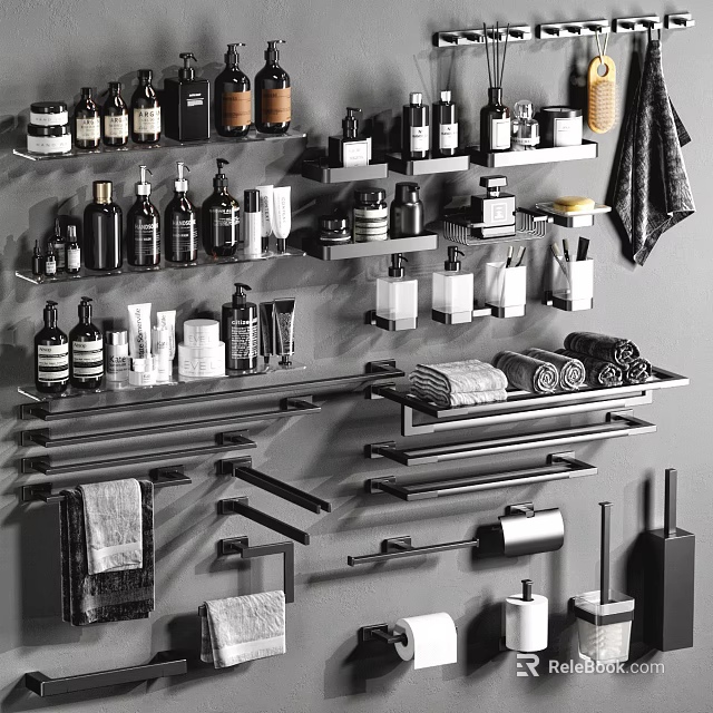 Bathroom Accessories Collection With Shelves Bottles Towels Towel Racks And Toilet Paper Holder 3d model 