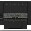 Black Modern Kitchen Cabinets With Marble Countertop Gold Accents And Glass Doors