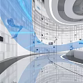 Modern Futuristic Exhibition Hall With Circular Platform Blue Lighting And Smart Devices