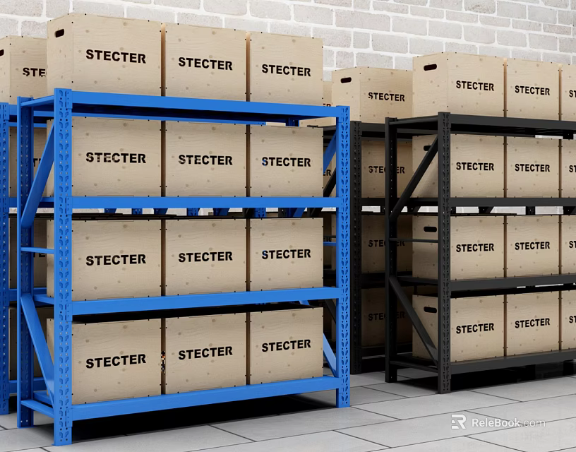 Blue and Black Display Shelves Holding STECTER Cardboard Boxes Against Brick Wall 3d model 