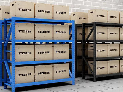 Blue and Black Display Shelves Holding STECTER Cardboard Boxes Against Brick Wall 3d model