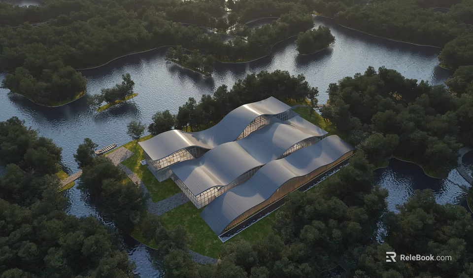 Modern Museum Building with Wavy Curved Roof Surrounded by Forest and River 3d model 