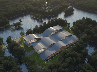 Modern Museum Building with Wavy Curved Roof Surrounded by Forest and River 3d model