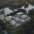 Modern Museum Building with Wavy Curved Roof Surrounded by Forest and River