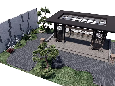 Traditional Chinese Courtyard Featuring Glass Roof Pavilion Stone Paved Path Green Plants And Stone Wall 3d model