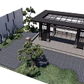 Traditional Chinese Courtyard Featuring Glass Roof Pavilion Stone Paved Path Green Plants And Stone Wall