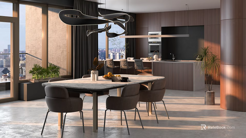 Modern Restaurant Interior With Dining Table Chairs Pendant Lights And City View 3d model 