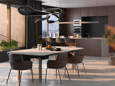 Modern Restaurant Interior With Dining Table Chairs Pendant Lights And City View 3d model