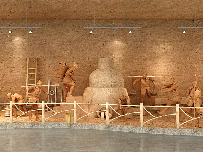Traditional Pottery Making Scene With Clay Figures Large Jar And Earthen Wall 3d model
