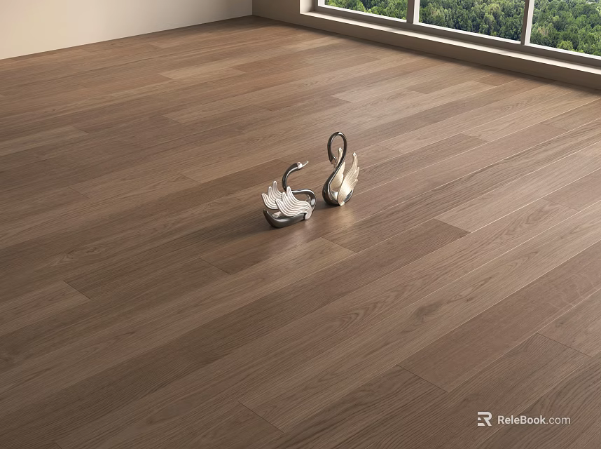 Natural Hardwood Floor Surface With Decorative Swan Figurines And Window Green Tree View 3d model 