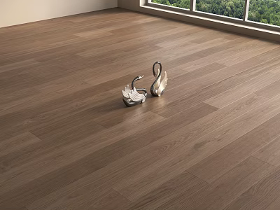 Natural Hardwood Floor Surface With Decorative Swan Figurines And Window Green Tree View 3d model