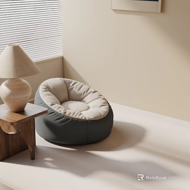 Cozy Casual Sofa Set With Gray Beige Bean Bag And Wooden Side Table Lamp 3d model 