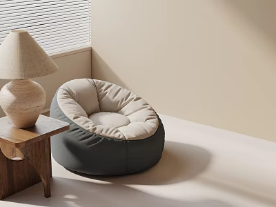 Cozy Casual Sofa Set With Gray Beige Bean Bag And Wooden Side Table Lamp 3d model