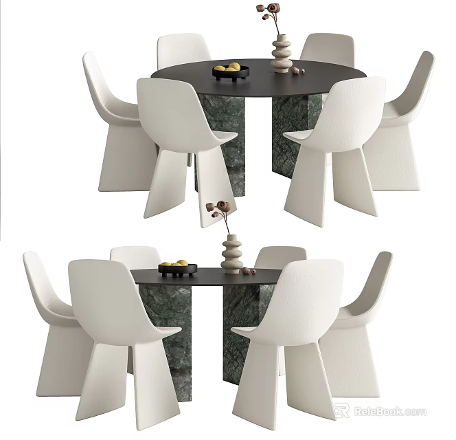 Modern Round Dining Table Set With White Chairs And Marble Tabletop 3d model