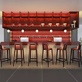 Modern Bar Counter With Red Wooden Wine Rack Stools Pendant Lights And Green Plant