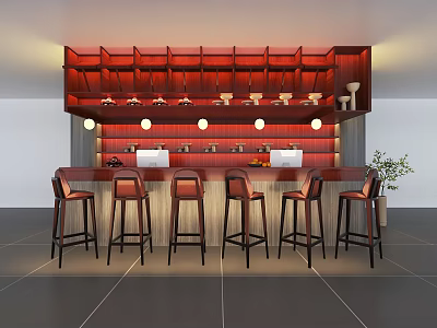 Modern Bar Counter With Red Wooden Wine Rack Stools Pendant Lights And Green Plant 3d model
