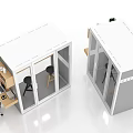 Modern Office Cubicles With Glass Partitions Desks Stools Green Plants And Wall Decor