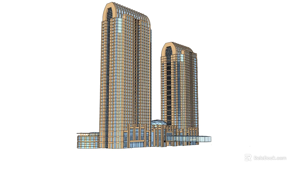 Modern Twin Office Buildings With Glass Curtain Wall And Curved Top Design 3d model 