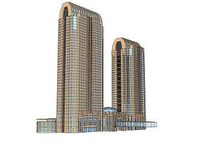 Modern Twin Office Buildings With Glass Curtain Wall And Curved Top Design 3d model