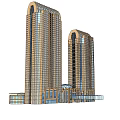 Modern Twin Office Buildings With Glass Curtain Wall And Curved Top Design