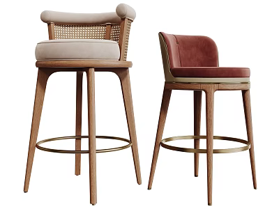 Modern Bar Stools With Wooden Legs Wicker And Burgundy Upholstered Seats 3d model