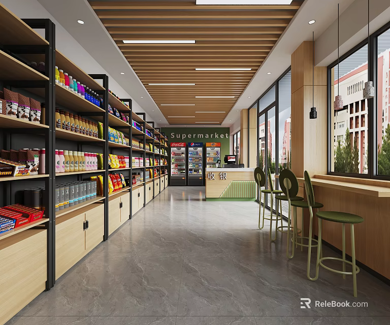 Supermarket Interior with Shelves of Various Goods Wooden Ceiling Large Windows and Bar Stools 3d model 