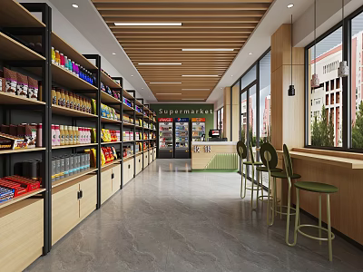 Supermarket Interior with Shelves of Various Goods Wooden Ceiling Large Windows and Bar Stools 3d model
