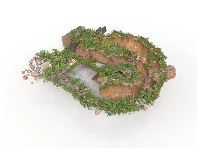 Modern Natural Detailed Landscape Design Featuring Curved Rocky Terrain And Lush Vegetation 3d model
