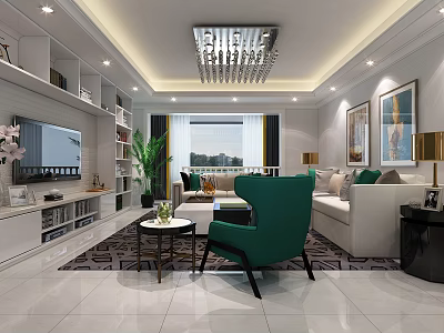 Modern Living Dining Room Interior With White Sofa Green Armchair Chandelier Bookshelves And Plants 3d model