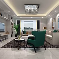 Modern Living Dining Room Interior With White Sofa Green Armchair Chandelier Bookshelves And Plants
