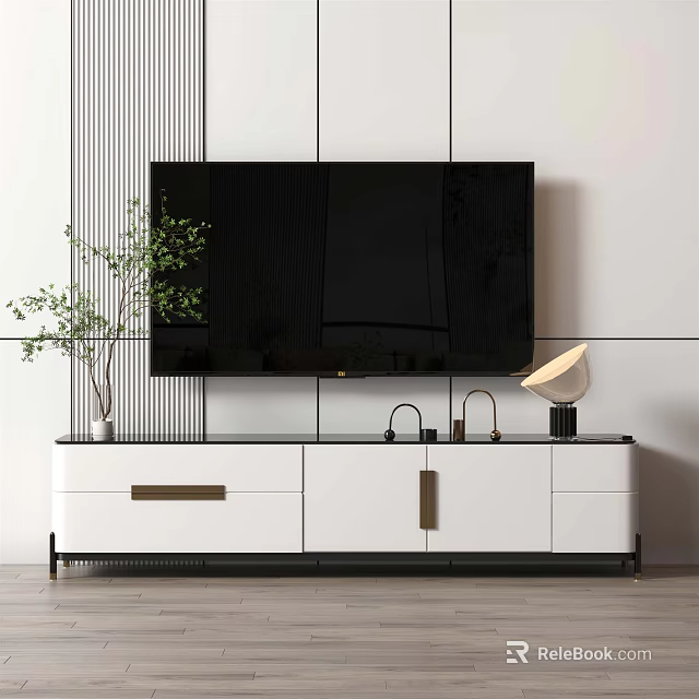Modern White TV Stand With Gold Handles Black Frame And TV Table Lamp Green Plant 3d model 