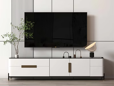 Modern White TV Stand With Gold Handles Black Frame And TV Table Lamp Green Plant 3d model