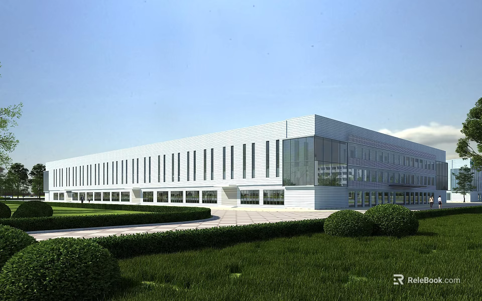 Modern Industrial Factory Building With White Exterior Large Windows And Landscaped Green Lawns 3d model 