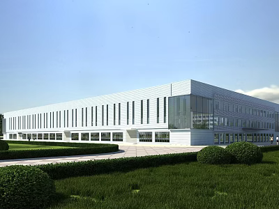 Modern Industrial Factory Building With White Exterior Large Windows And Landscaped Green Lawns 3d model