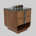 Elegant Wooden Bedside Table With Patterned Drawers And Green Accent Panels