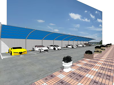 Blue Car Parking Canopy Covering Vehicles In Parking Lot With Paved Ground And Flower Beds 3d model