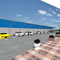 Blue Car Parking Canopy Covering Vehicles In Parking Lot With Paved Ground And Flower Beds