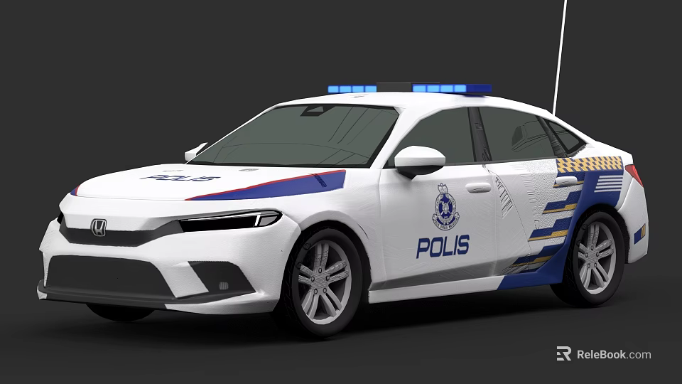 White Police Car With Blue Emergency Lights Stripes POLIS Lettering And Emblem 3d model 